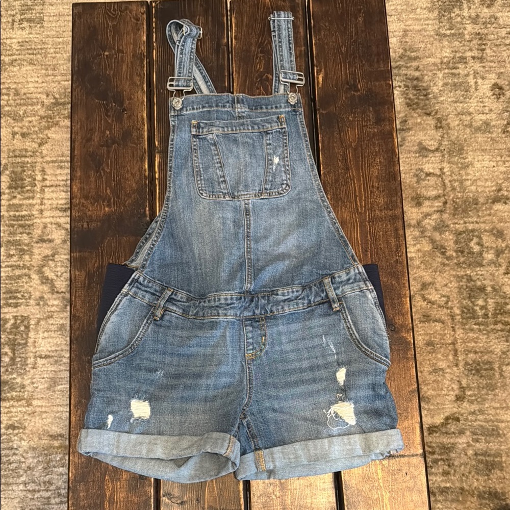 Women’s Maternity Denim Overalls with Distressed Details